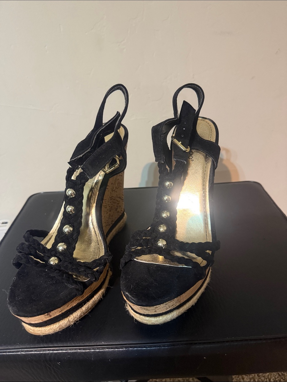 BAMBOO Black Braided Wedge Sandals with Stud Accents